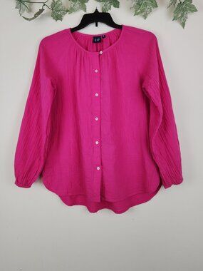 Gap Size M Cotton Gauze Oversized Button Front Preppy Phoebe Pink  Top Blouse